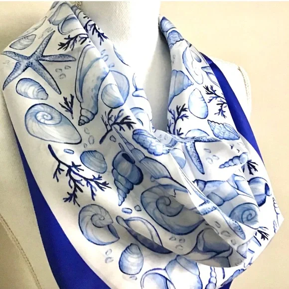 J. Crew Oversized Silk Scarf Seashells Sealife New With Tag - Picture 3 of 9